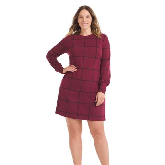 Modcloth Hutch Merlot Red Windowpane Plaid Long Sleeve Mini Dress S - Picture 1 of 5